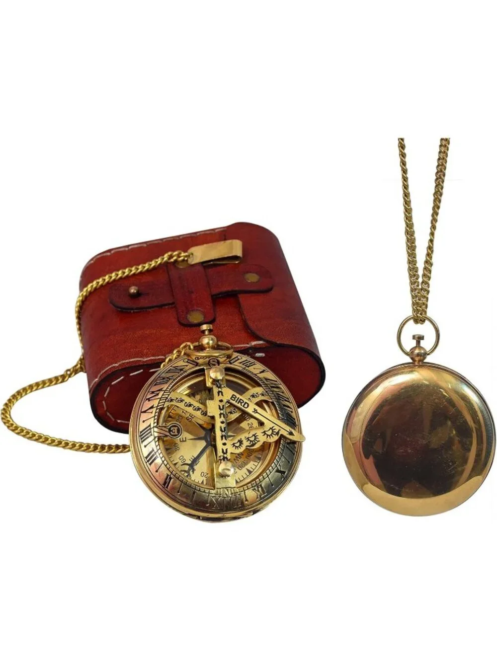 Men's Gold Analog Handcrafted Engraved Vintage Brass Sundial Antique Compass